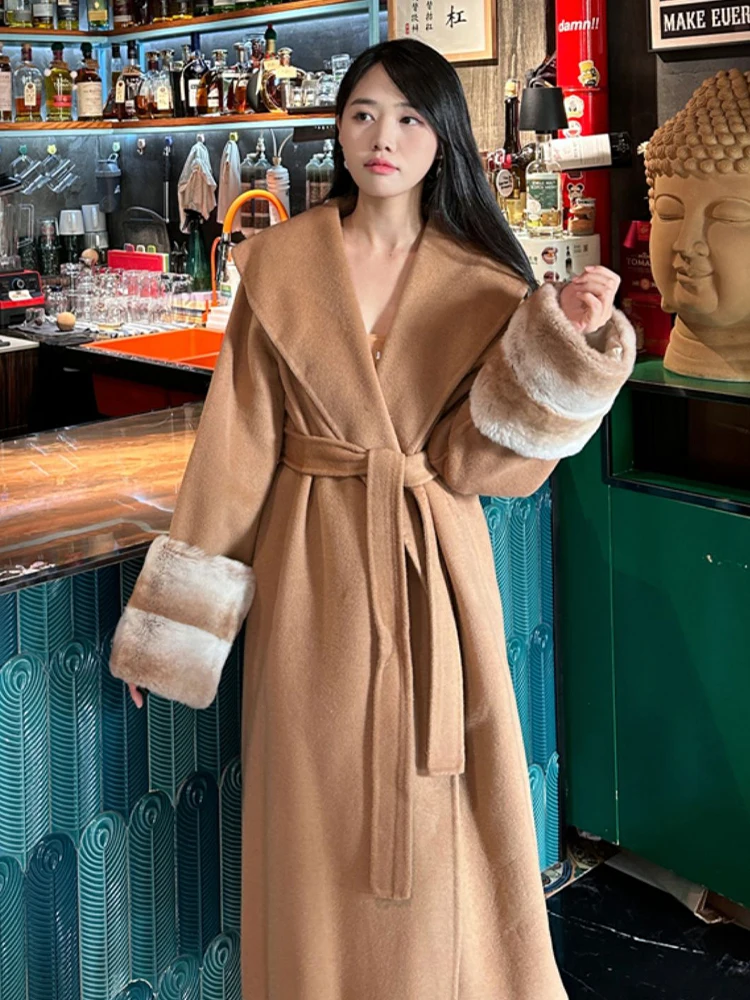 New Women Autumn Winter Coats Cashmere Sheep Wool Blends Real Natural Rex Rabbit Fur Cuff Belt Slim Style Female Outerwear