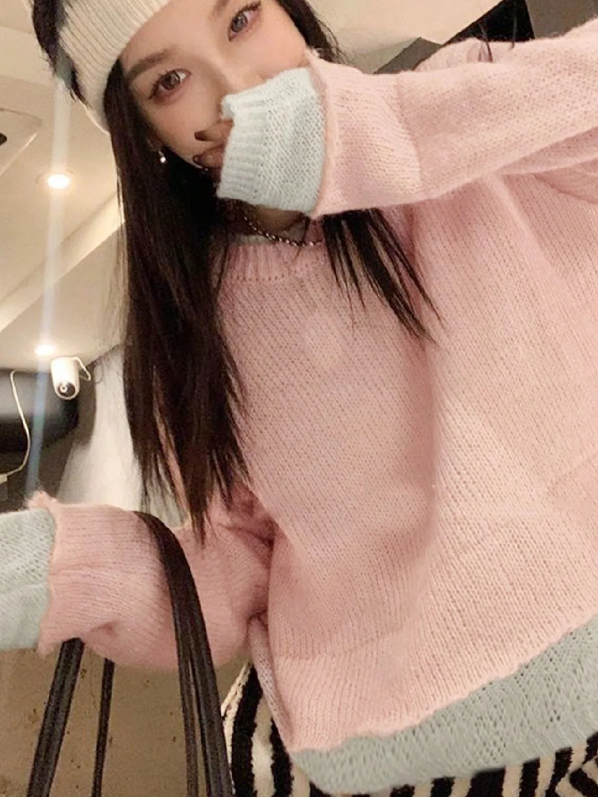 

Korean Style Chic round Neck Knitted Sweater Fake Two-Piece Base Layer Top Autumn Winter Commute Fashion Loose Fit Long Sleeve