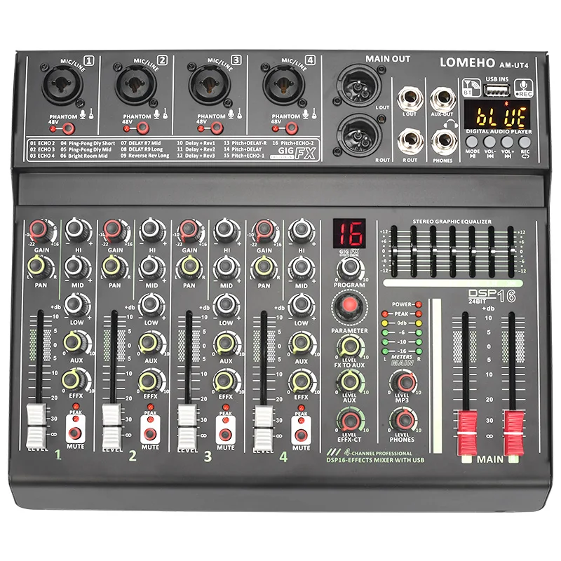 

LOMEHO Mixing Console Channel Mute Audio Mixer 7 Band EQ 16 Effect 70mm Volume Fader Sound Table with USB PC Interface AM-UT4