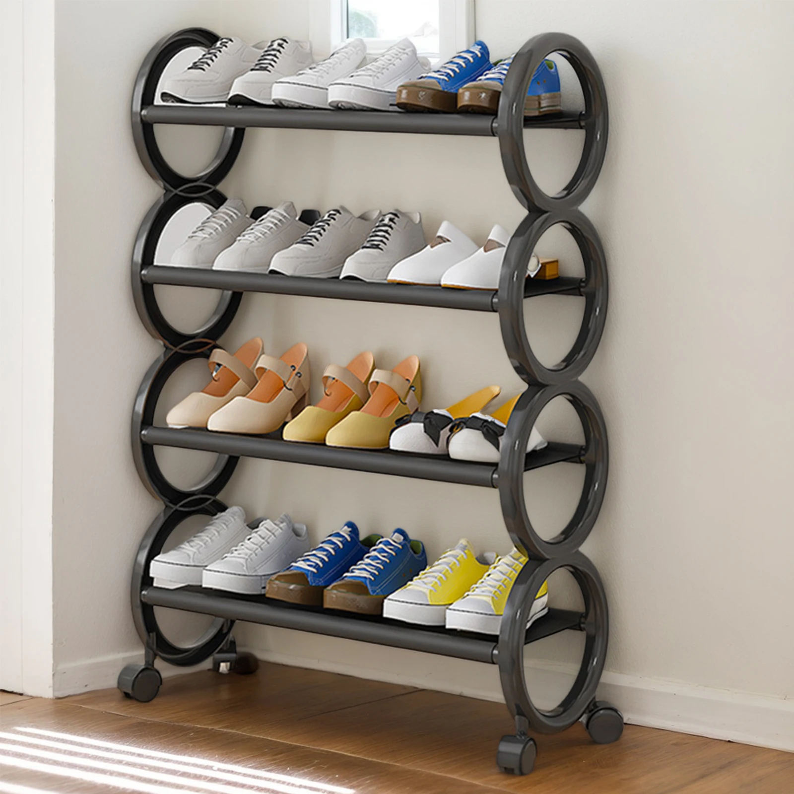 

4-уровневая расширяемая полка для обуви с регулируемой полкой для хранения на колесах (черная)