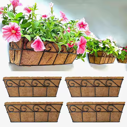 16 Inch Wall Mounted Planters, 4 Pack Window Flower Boxes with Coco Liners for Outdoor Balcony Deck Railing Hanging