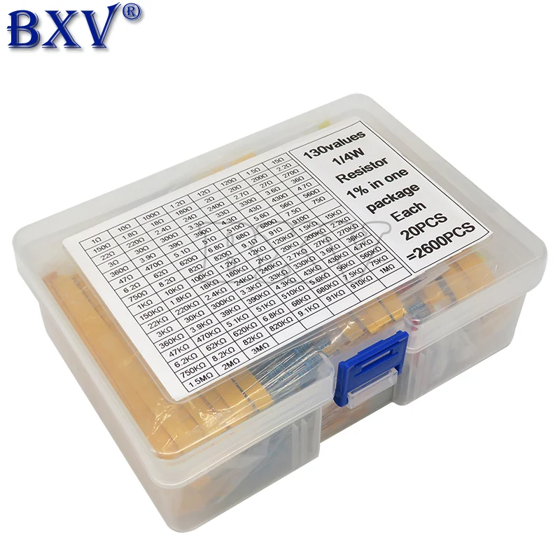 130 ค่า * 20 ชิ้น = 2600 ชิ้น 1/4 วัตต์ 0.25 วัตต์ 1% ตัวต้านทานฟิล์มโลหะชุดสารพันชุด Lot ตัวต้านทานชุด Assortment BXV