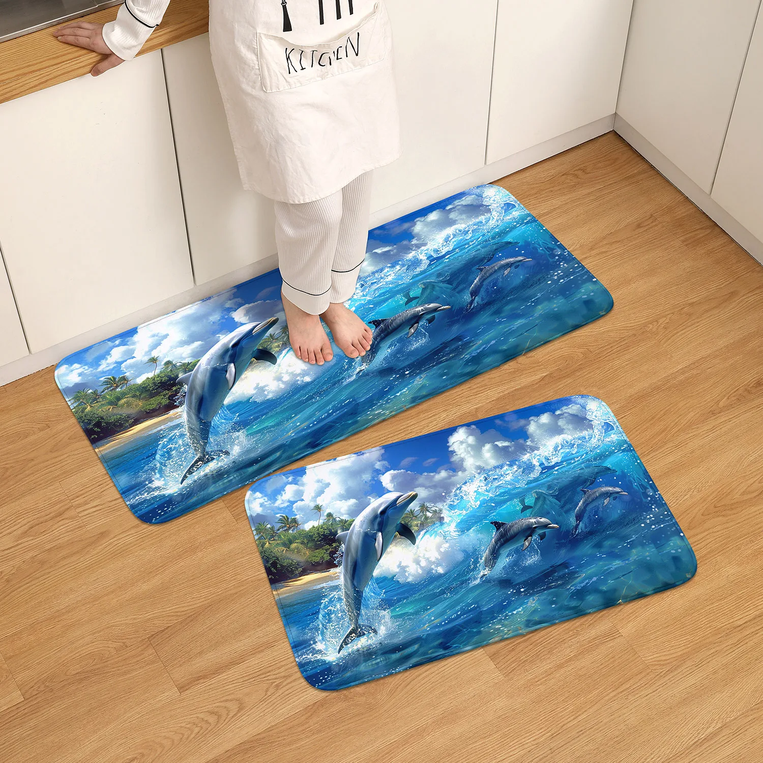 1 piece of deep sea, whale and blue wave soft kitchen carpet, non-slip and quick-drying foot mats, floor mats, suitable for bath