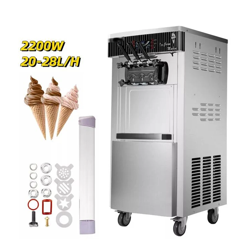 20-28L/H Ice Cream Maker Machine Commercial Sorbet Coolers Mobile Tricolor Flavor Sweet Cones Freezing Equipment Vending Machin