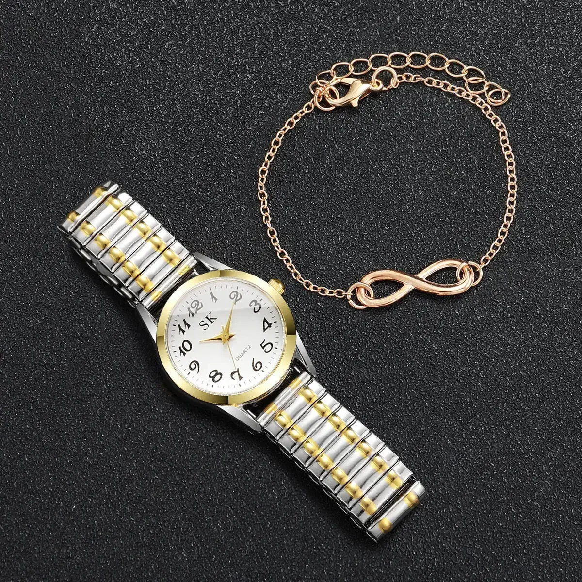 20262PCS/Set Fashion Elastic Strap Women Watches Ladies Arabic Dial Quartz Wristwatches Bracelet Set Reloj MujerWithout Box