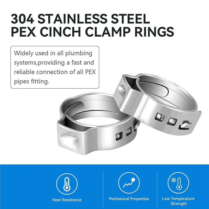 100 PCS 3/4-Inch Pex Cinch Clamp Rings, High-Quality 304 Stainless Steel Pex Crimp Rings, Pex Pipe Fitting Clamp Rings