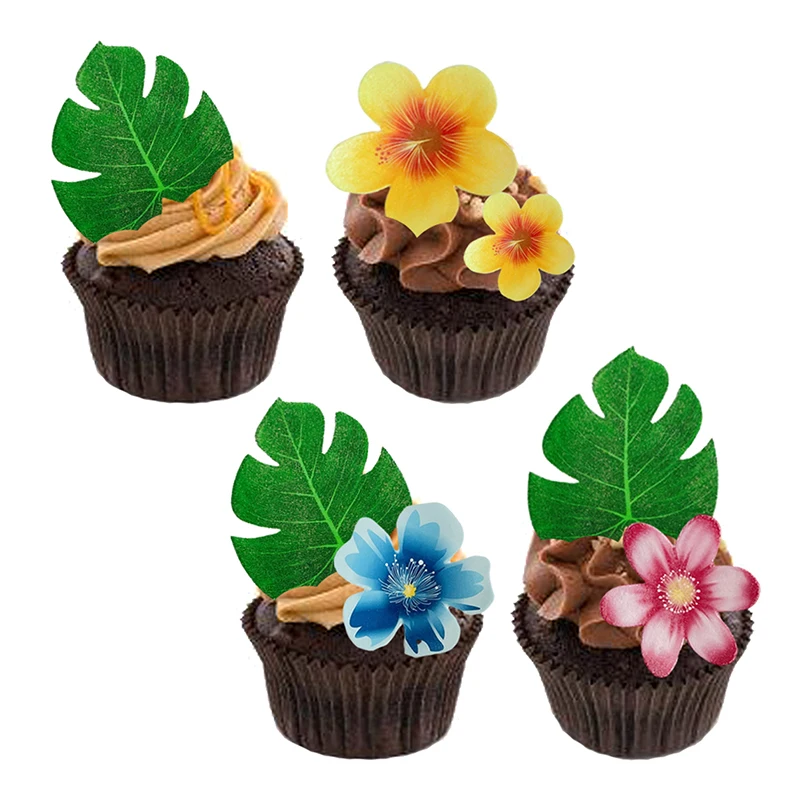 48pcs Wafer Paper Tropical Turtle Leaves Cupcake Bento Dish Toppers Palm Leaves Bento Decoration Hawaii Jungle Birthday Party C