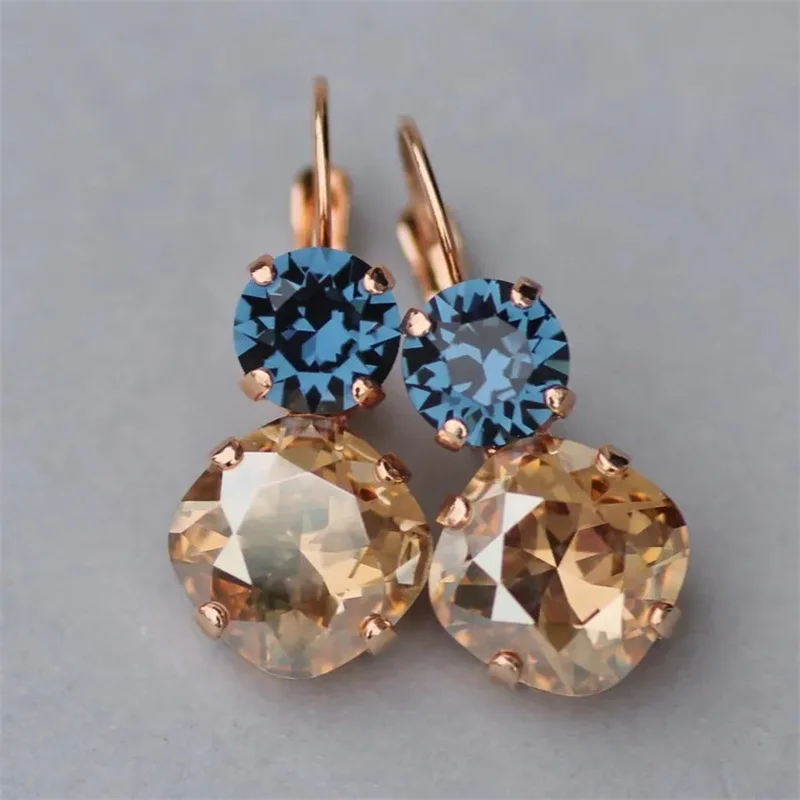 Exquisite Women Fashion Earrings Gold Color Round Inlaid Blue Champagne Stone Dangle Earrings for Women