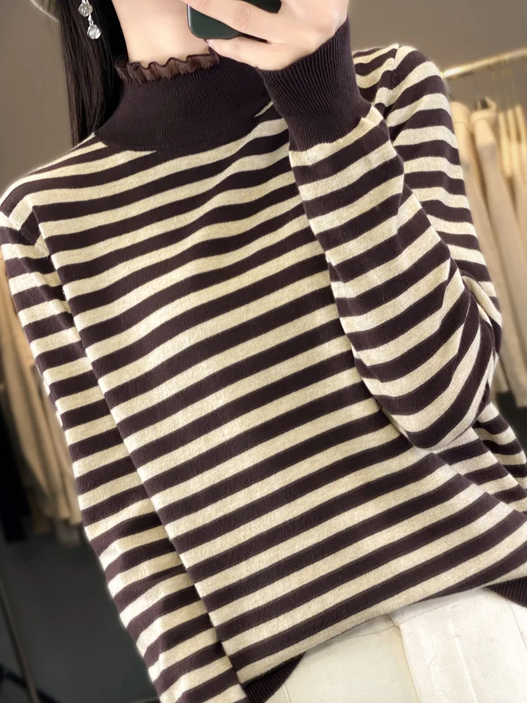 

100 Wool Long Sleeve Knitted Base Shirt Women Lace Splicing Half High Collar Stylish Age Reduction Inner Wear Stripe Pattern