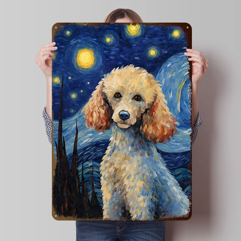 Poodle Dog Starry Night Metal Poster Custom Wall Art Retro Vintage Tinplate Signs for Living Room Decorations Luxury Decoration
