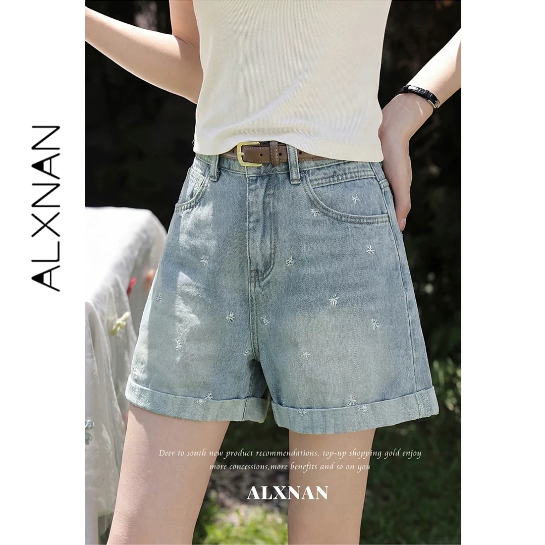 

ALXNAN Women Shorts Denim Embroidered Blue High Waist Baggy Shorts Summer Wide Leg Loose Fit Casual Fashion Short Pants L63621A