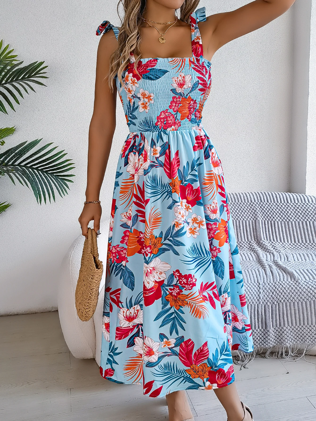 Spring Summer Floral Print Long Dress Lace up Sleeveless Vacation Dresses for Women