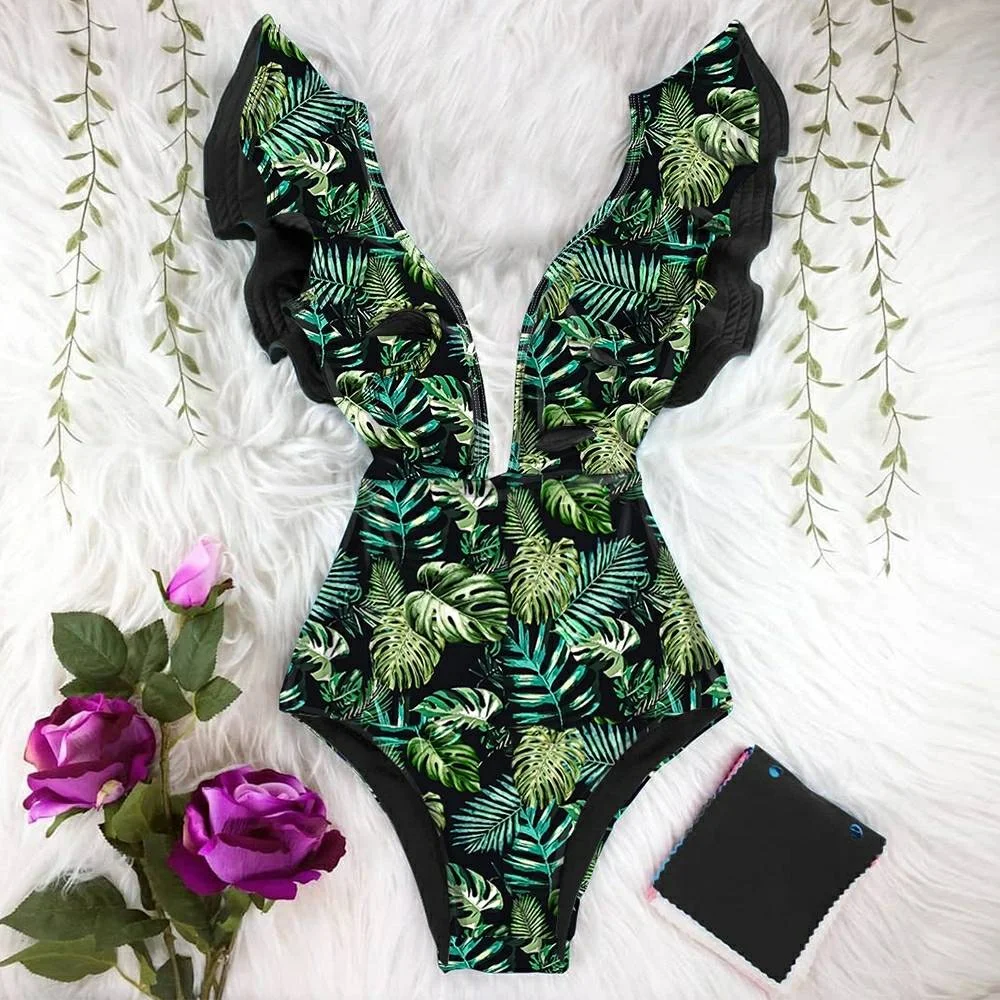 2024 New Discount Ruffle Swimwear V-Neck Shoulder One Piece Swimsuit Women Floral Printed Tropical Summer Beach Bathing Suit