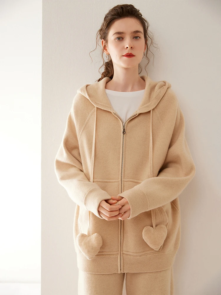 New Chic Women Hooded Cardigan 100% Cashmere Sweater Autumn Winter Luxury  Zipper Coat Casual Loose Style Cashmere Knit Sweater