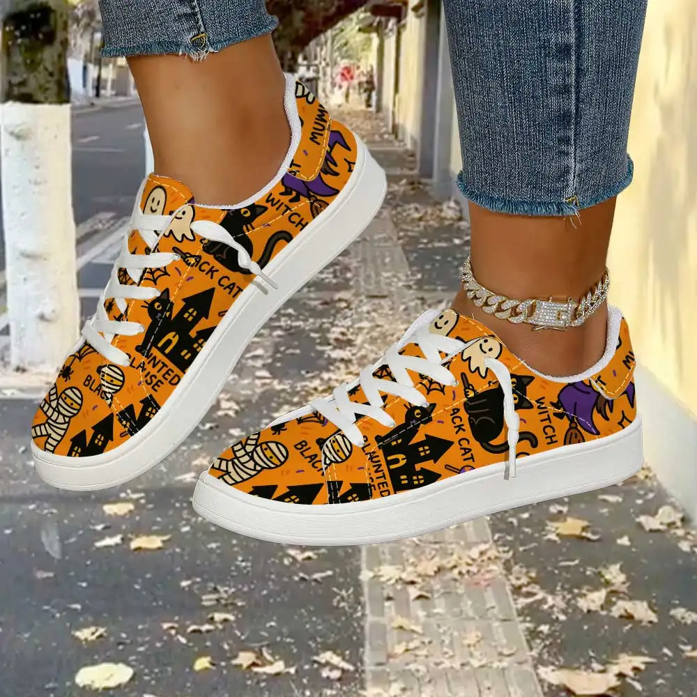 Fun Cartoon Halloween Elements Women Casual Sneakers, Low‑Top Canvas Shoes, Lace‑Up for Halloween Festival Party and Daily Wear