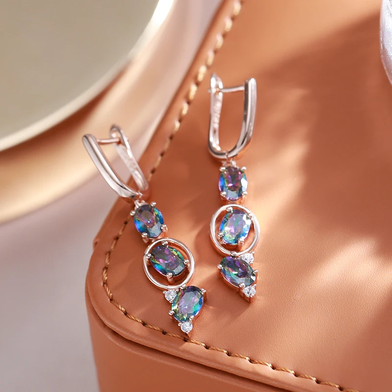 Kinel New 585 Rose Gold Color Women Drop Earrings Unusual Colourful Natural Zircon Fashion Long Earrings Daily Vintage Jewelry