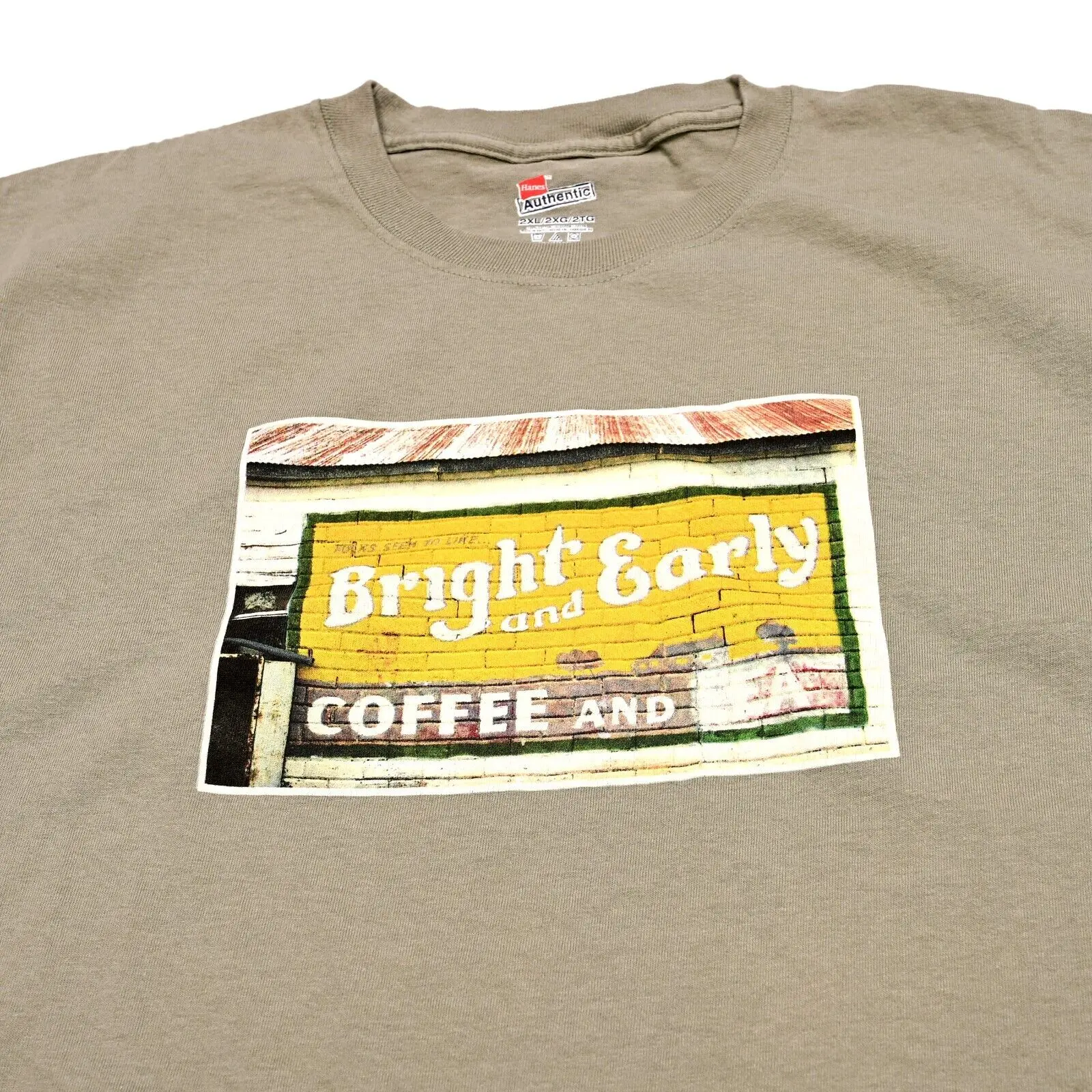 Vintage Bright Early Coffee Tea Photo T Shirt 2XL Moss Green Retro EUC