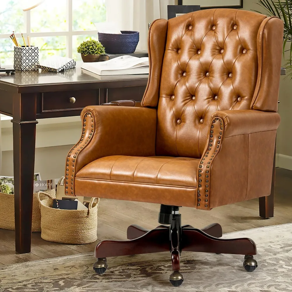 Tufted Office Chair, Faux Leather Executive Desk Chair w/High Back & Nail Head Trim, Ergonomic Wingback PC Chair for Home