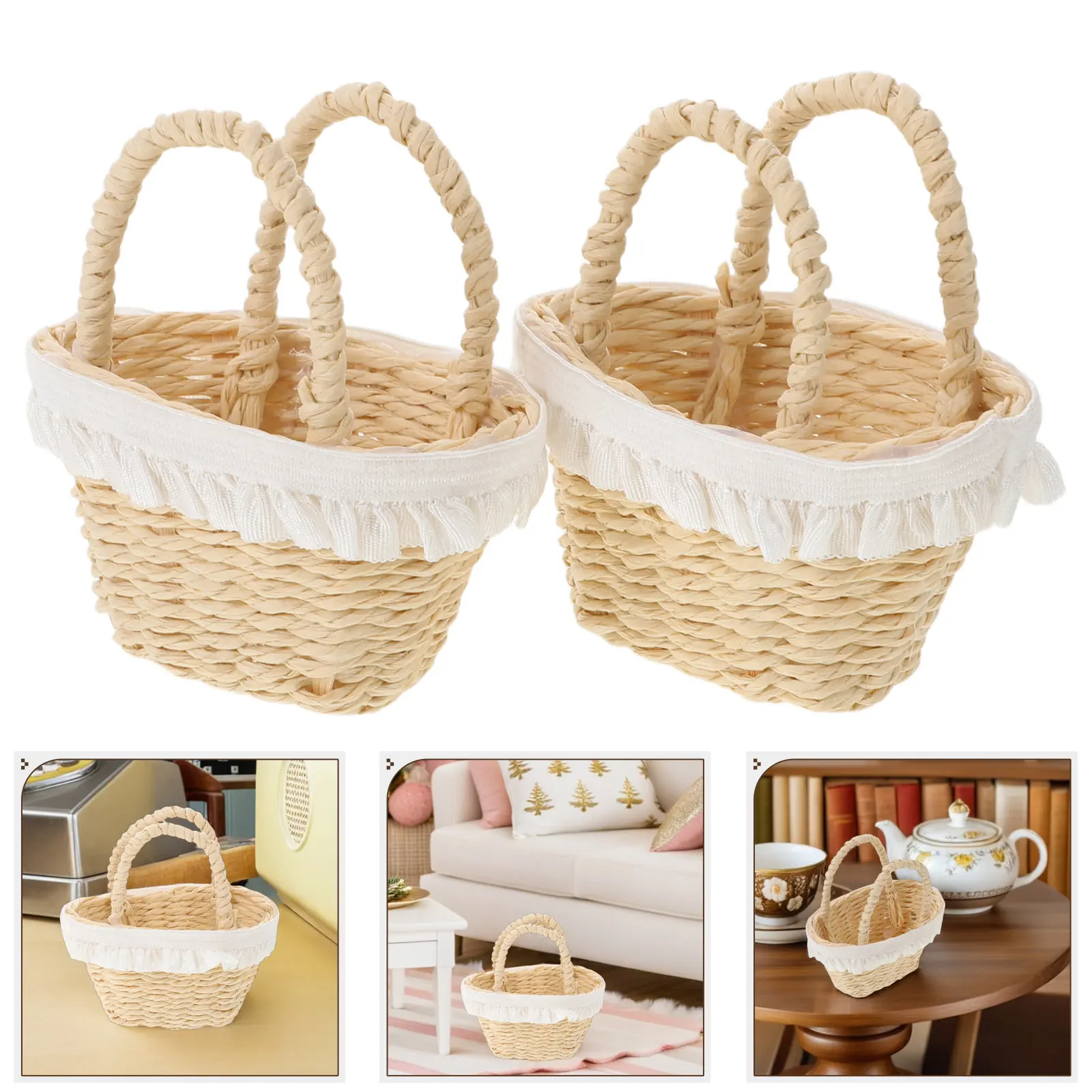 

2Pcs Mini Woven Basket with Handles for Dollhouse Decor Tiny Flower Basket Handwoven Lace Trim Desktop Storage Party Favor Craft
