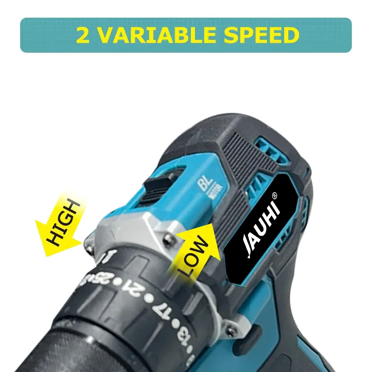 JAUHI 13mm Electric Screwdriver Brushless High-Power Impact Drill Dual Speed 35+3 Torque Power Tool for Makita 18V Battery