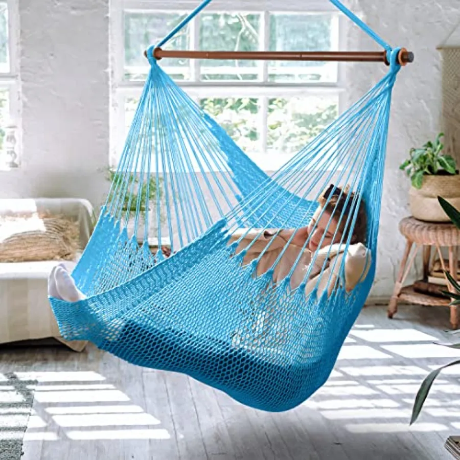 

Outdoor indoor XL rope hammock swing chair with detachable metal bar, Caribbean style, beige, 330 LBS weight capacity