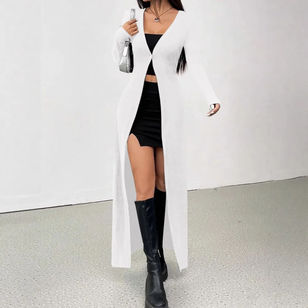European American Women New Solid Color Single Button Long Knit Cardigan Street Daily Casual Outerwear