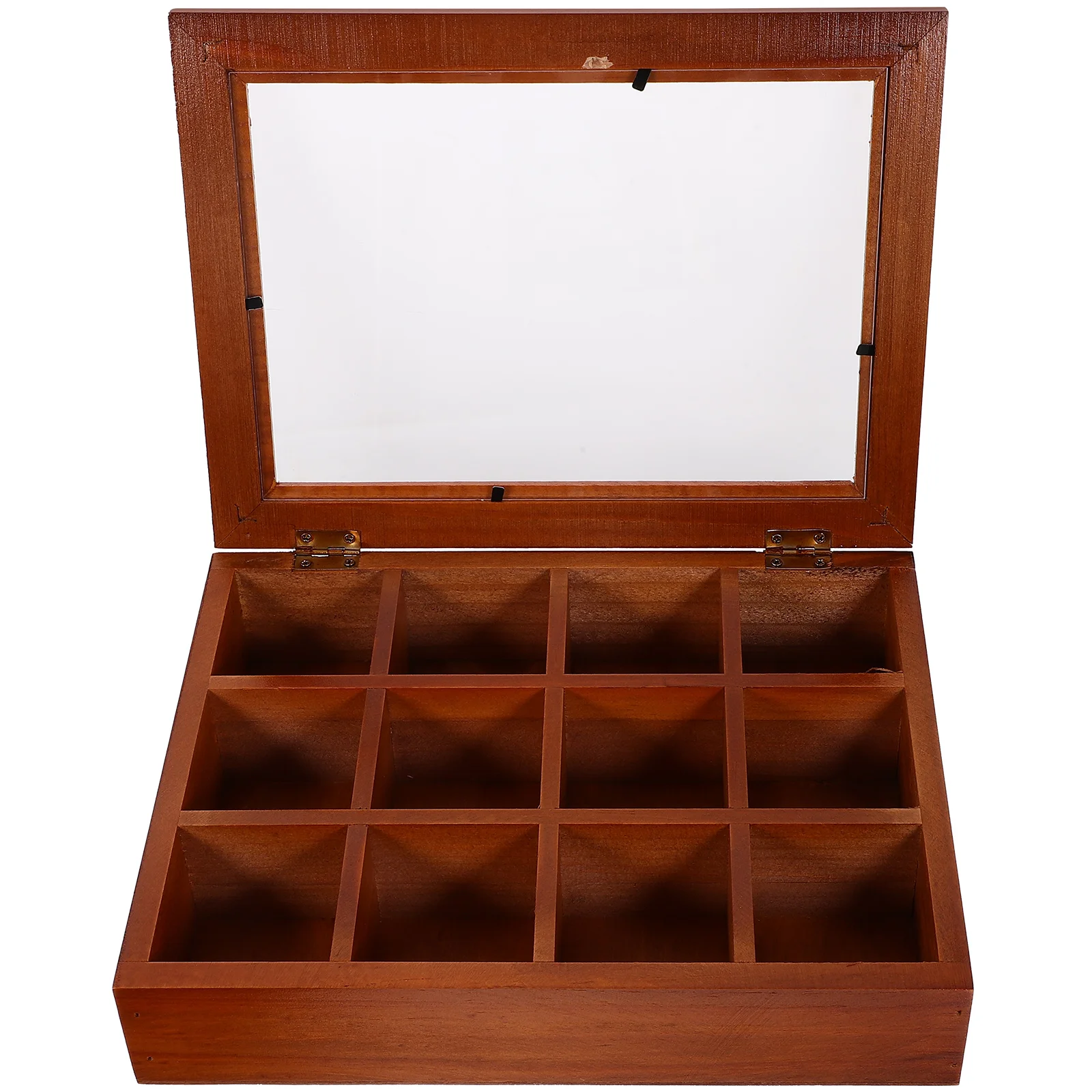 

Necklace Storage Organizer Solid Wood Retro Aged Transparent Glass 12-compartment Box Jewelry Stationery Tea Bags