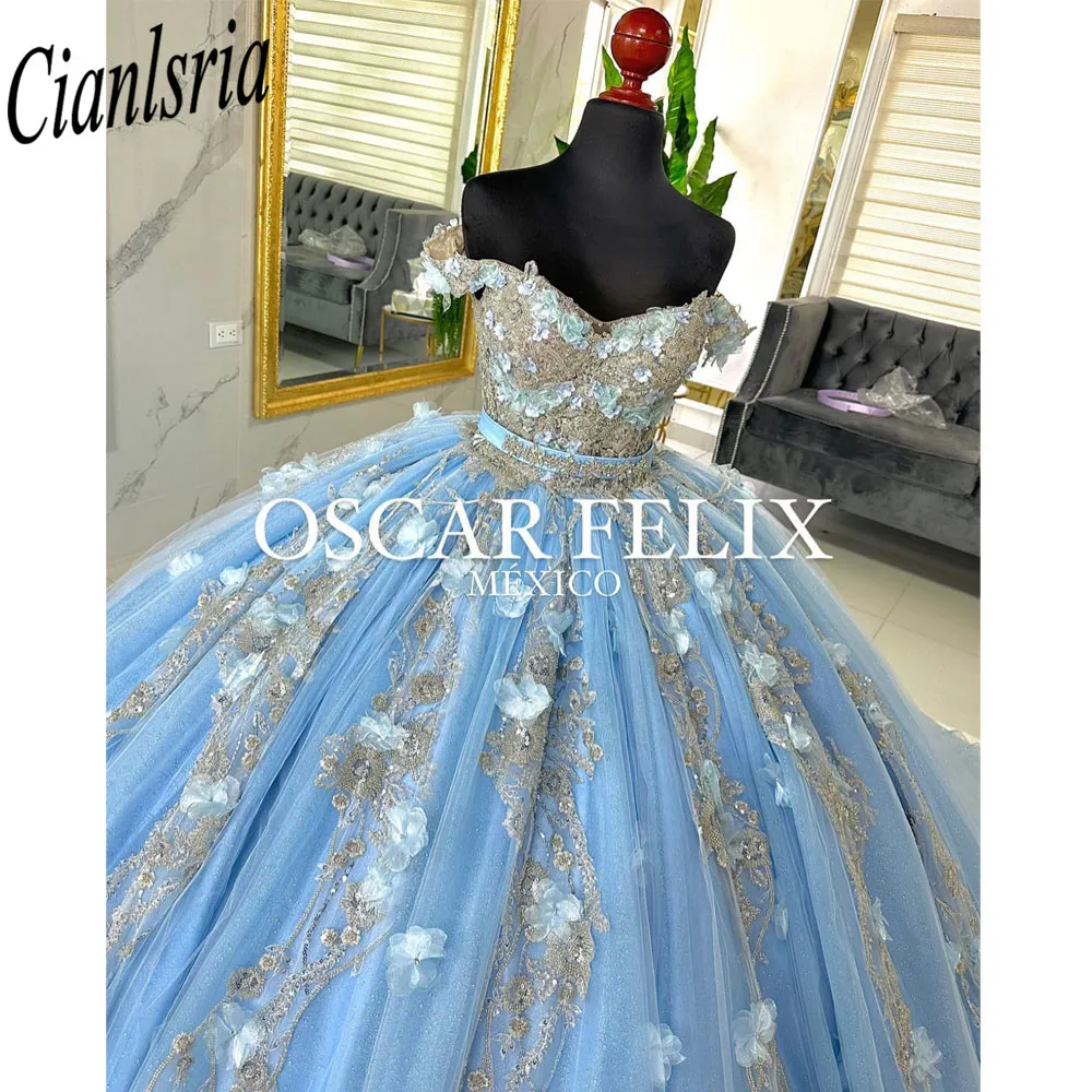 Quinceanera Dresses Off The Shoulder  Ball Gown Floral Appliques Lace Bow Back Corset For Sweet 15 Girls Party