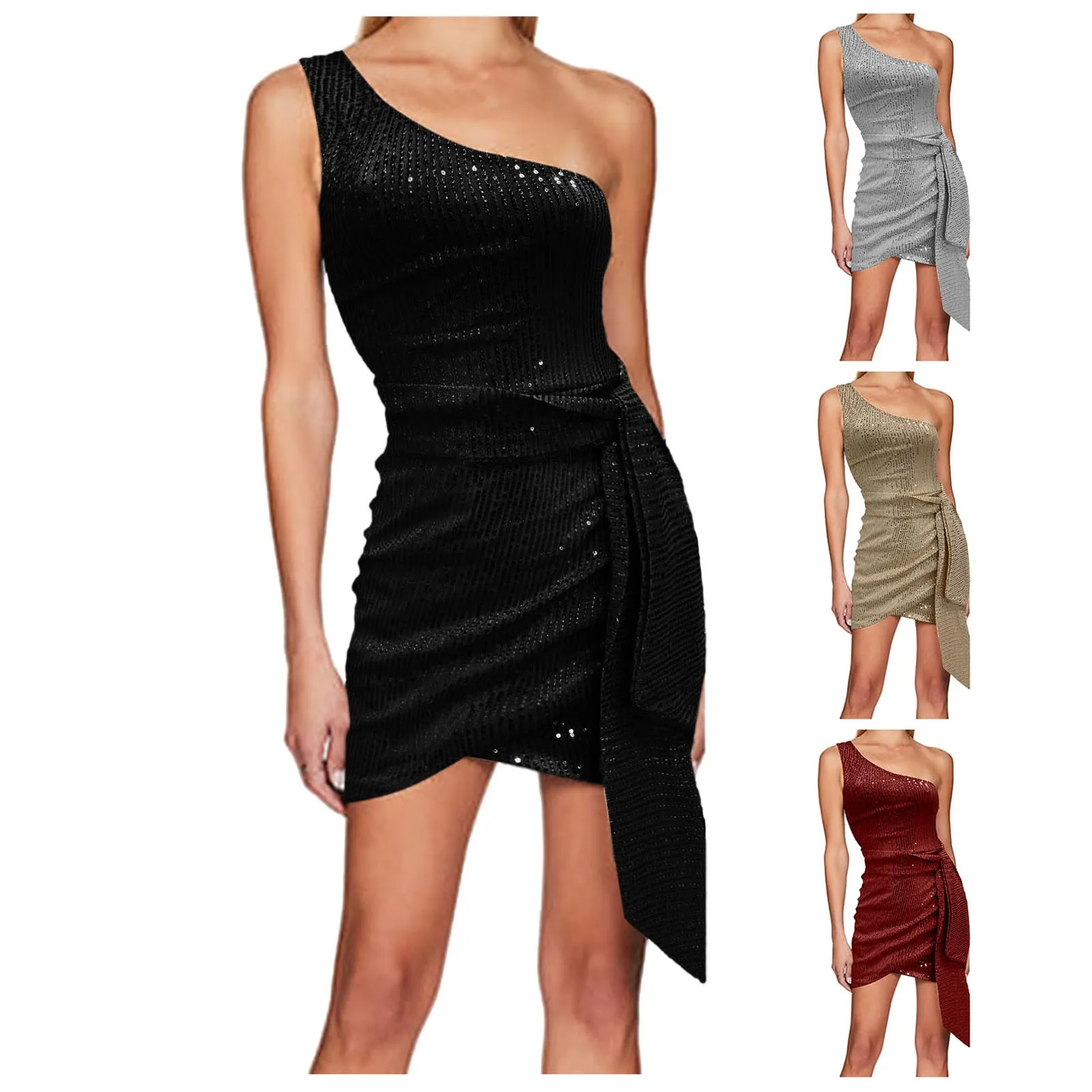 Vestido Sexy sin espalda con lentejuelas, vestido ajustado con un hombro para mujer, minivestido elegante para fiesta de graduación y noche, vestido de fiesta de cumpleaños para club de mujer