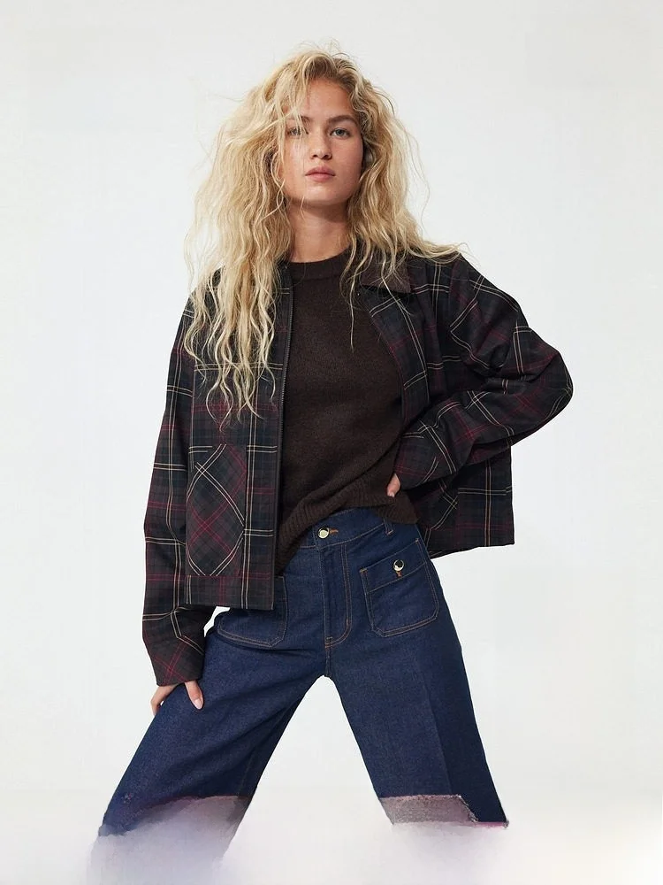 

H&M Весенняя женская вельветовая куртка с отложным воротником в клетку, винтажная приталенная куртка на молнии из хлопка для женщин