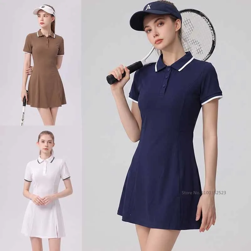 Summer Golf Women's Polo Shirt Short-sleeved Breathable Slim Dress with Short Ladies Elastic Split Golf Tennis Sportswear Dress