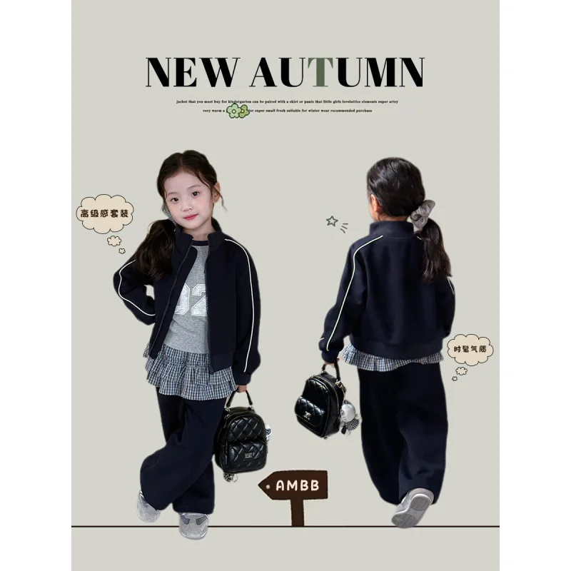 

Aimobeibei Children's Casual Sports Two-Piece Set for Girls Fashionable Student Stand Collar Sweatshirt Fashionable Outfit Trend