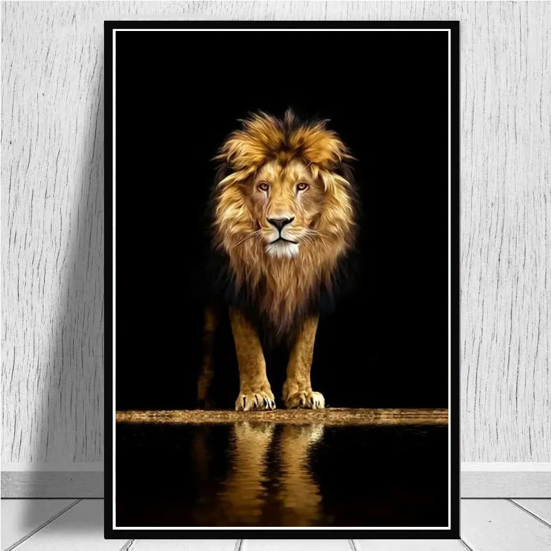 Pintura en lienzo de León en la oscuridad, arte moderno de animales, póster de León africano e impresión de imagen artística