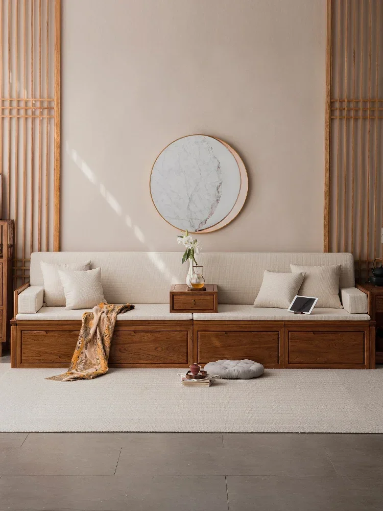 Sofá-cama push pull de madeira maciça, cama retrátil Zen do olmo, sofá-cama do armazenamento de canto