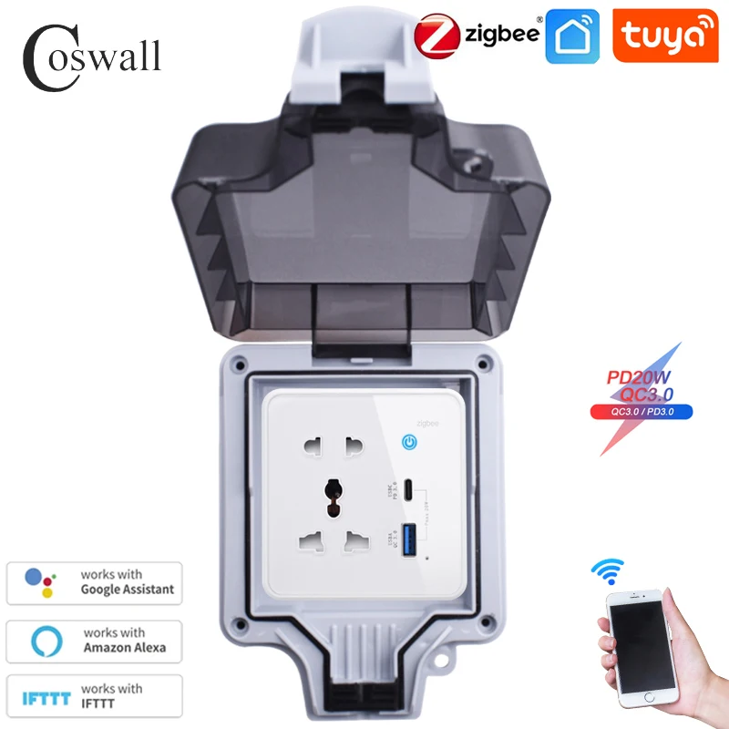 Coswall IP66 مقاوم للماء الزجاج واي فاي/زيجبي تويا العالمي المقبس + المزدوج USB 20 واط Type-C شاحن سريع QC 3.0 تيار مستمر 5 فولت/9 فولت/12 فولت الناتج