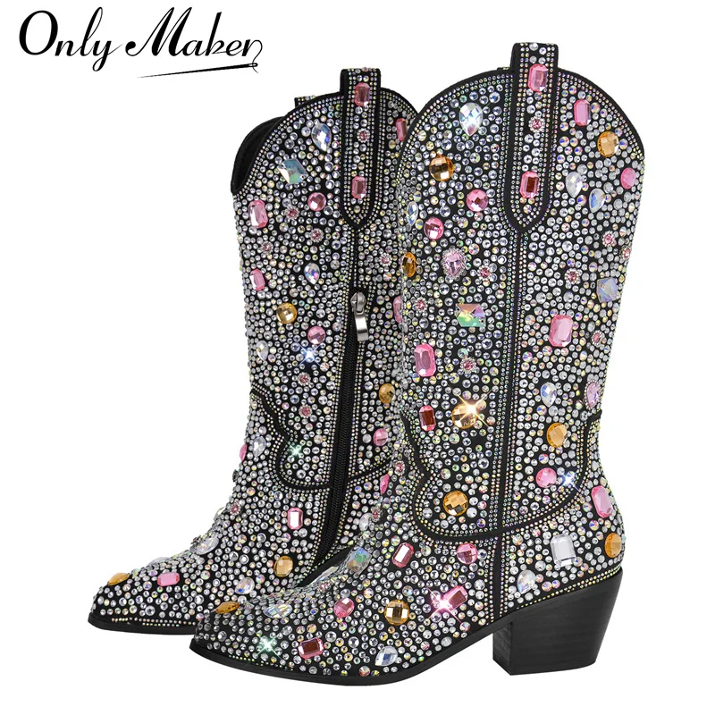 Onlymaker Women Rhinestone Boots Knee High Cowgirl Boots Medium Heel Chunky Heel Fashion Bling Western Boots