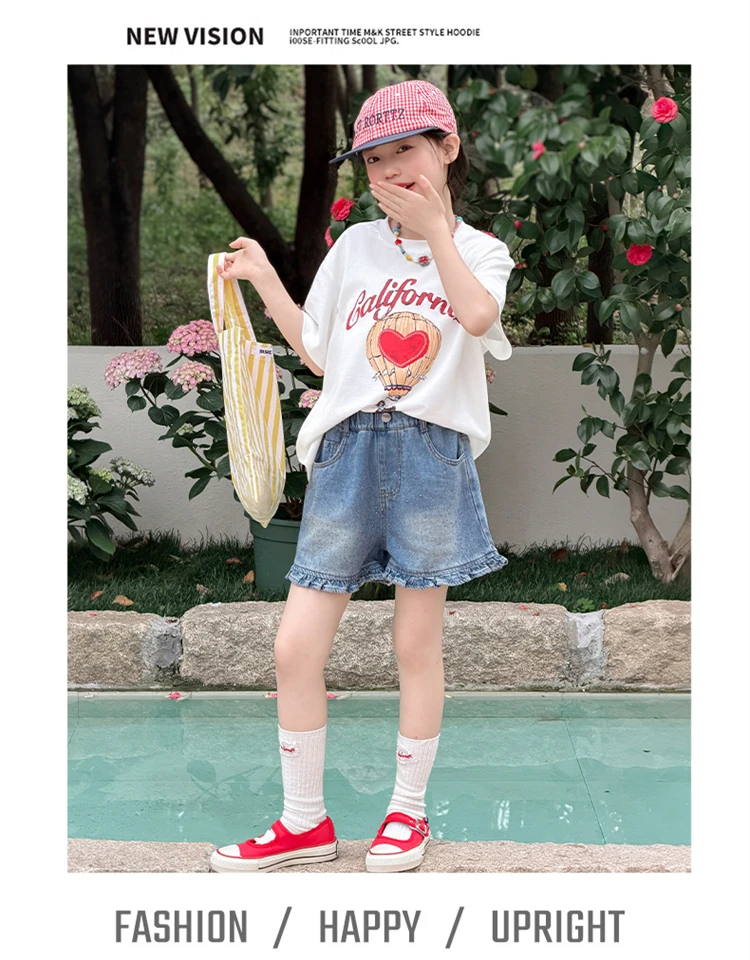 Kinderkleidung Mädchen Sommer 2026 Cartoon-Print Kurzarm-T-Shirt und Rüschensaum-Strass-Jeansshorts 110-170cm 15-50kg – Detail 10