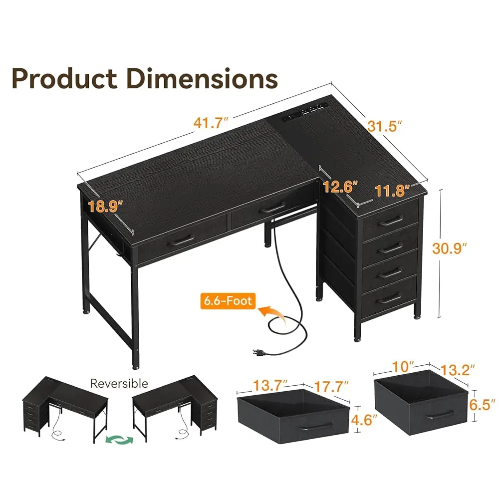 42 H L Shaped Desk With Drawers, Computer Desk With Power Outlets, Home Office Desk With 6 Drawers, Reversible Corner Desk For
