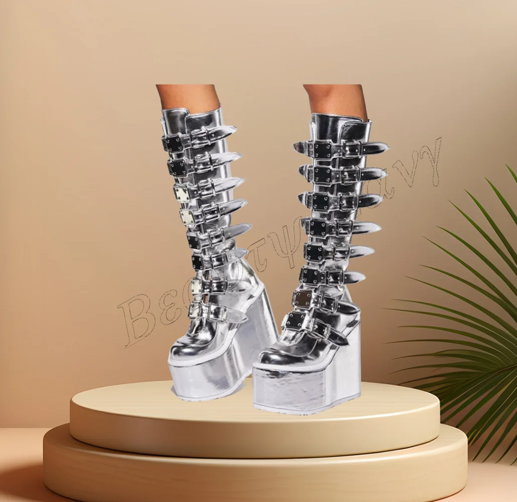 

Silver Belt Decor Punk Boots Solid Platform Strange Style Shoes Chunky High Heel Shoes for Women Shoes 2023 Zapatos Para Mujere