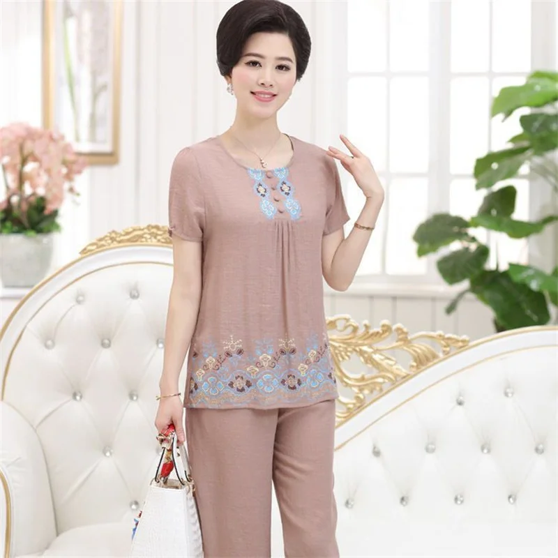 

Women Summer Cotton And Linen Short-sleeved Suits Middle-aged People's Mother-in-law Two-piece Home Clothes Can Be Worn Outside