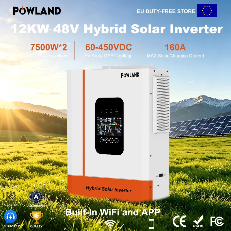 POWLAND 12KW 48V Hybride Solar Inverter 230V Zuivere Sinusgolf Dubbele MPPT 160A Lader Compleet Zonne-energiesysteem Apparatuur Voor Thuis- en Commercieel Gebruik