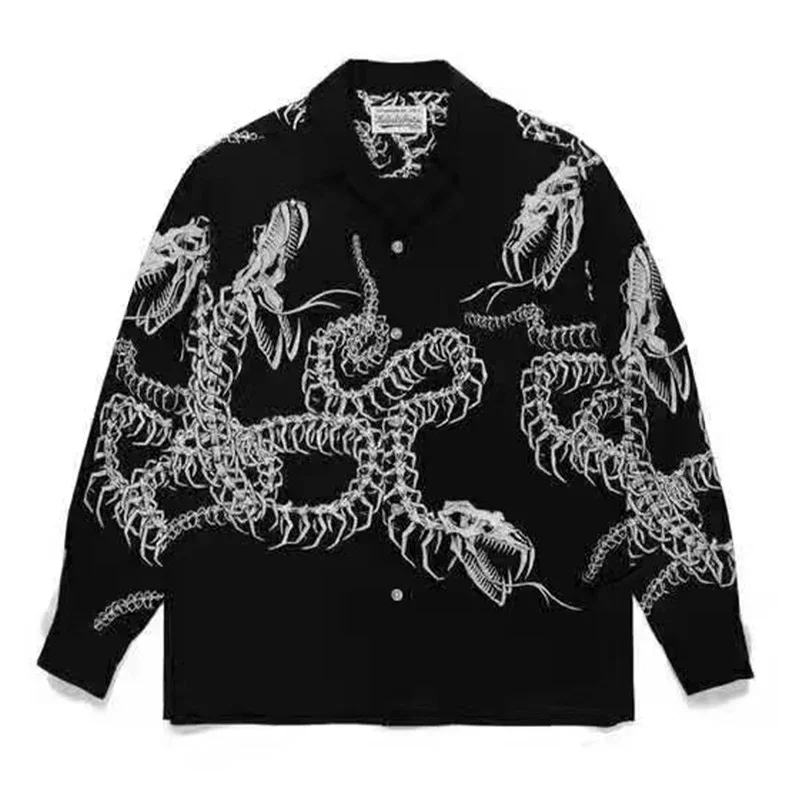 

WACKO MARIA Snake Bones Polyester White Printing Shirt TEE Breathable Button Lapel Hawaiian Thin Men Women Oversize Long Sleeve