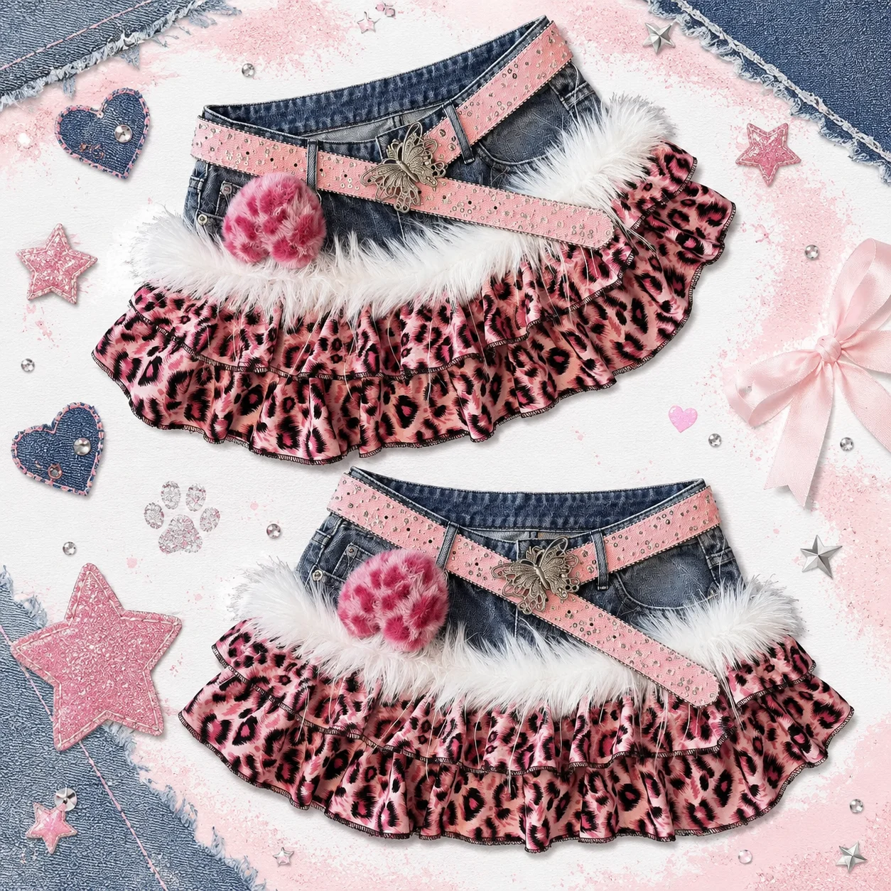 American Y2K Vintage Black Leopard Print Denim Skirt Women Punk Vintage Fashion Mini Skirt Alternative Grunge Streetwear New