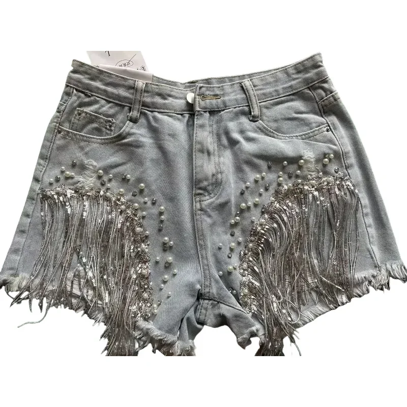 Summer Shorts Elegant  Female Casual Solid Shorts Jeans Lady Tassel Beading High Waist Wide Leg Denim Shorts