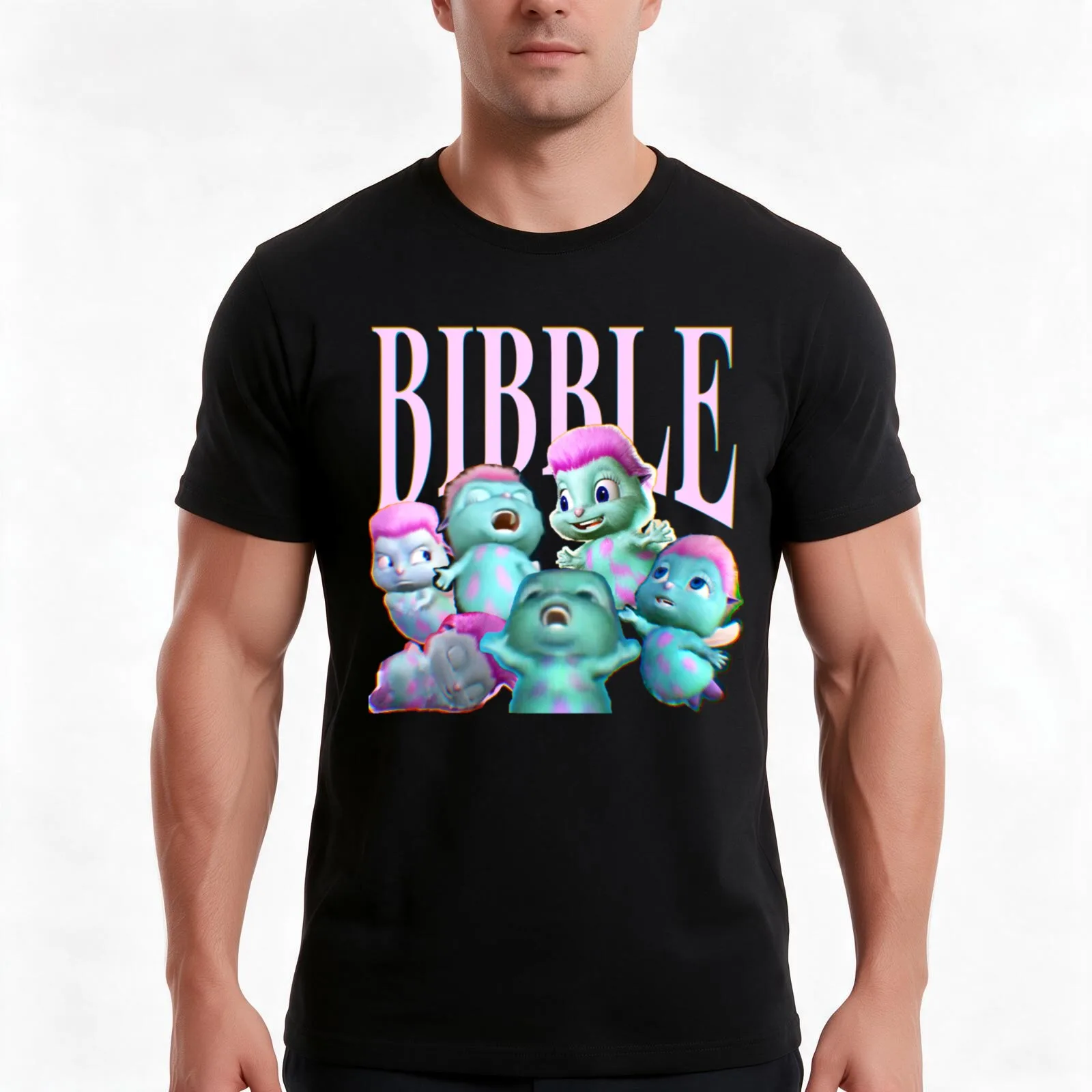 Bibble Collage logo T-Shirt, Summer Casual Cotton Tee, Oversized Streetwear Tops, Vintage Graphic Print, Loose Fit Short Sleeve