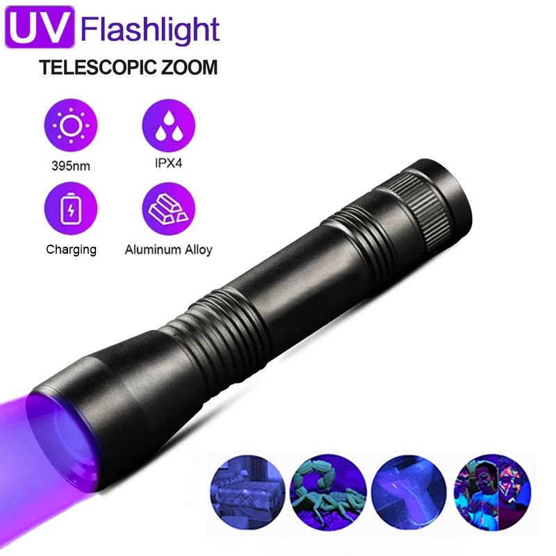 Mini 395nm UV Flashlight Ultraviolet Blacklight USB Rechargeable Purple Linternas Carpet Pet Urine Detector Catch Scorpions