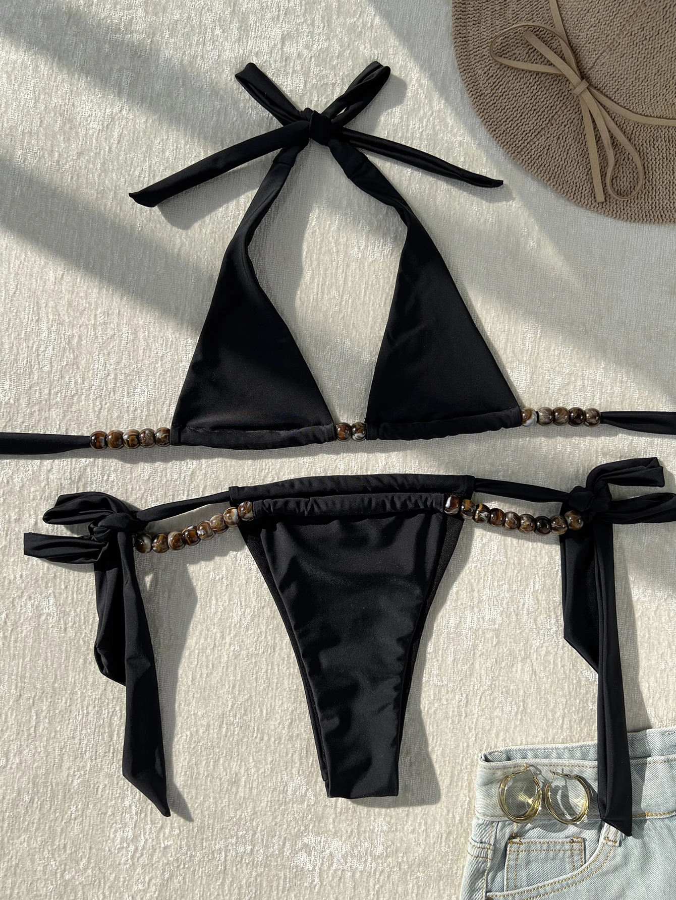 

Melphieer Women's Amber Beads Bikini Sets Brazilian Two Piece Swimsuits Black Micro Halter Adjusted Bathing Suits