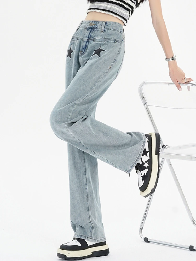 Jeans feminino relaxado confortável primavera elástico lavado outono elegante estudante popular estilo coreano all-match geométrico casual novo