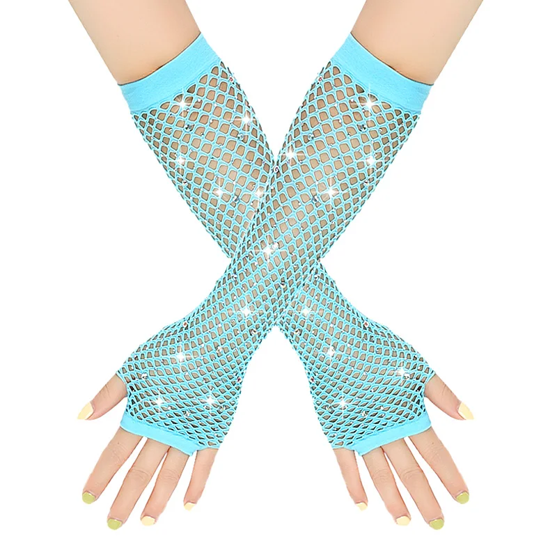Women Flash Mesh Rhinestone Long Gloves Arm Sleeves Fishnet Fingerless Elastic Hollow Out Stage Performance Mittens