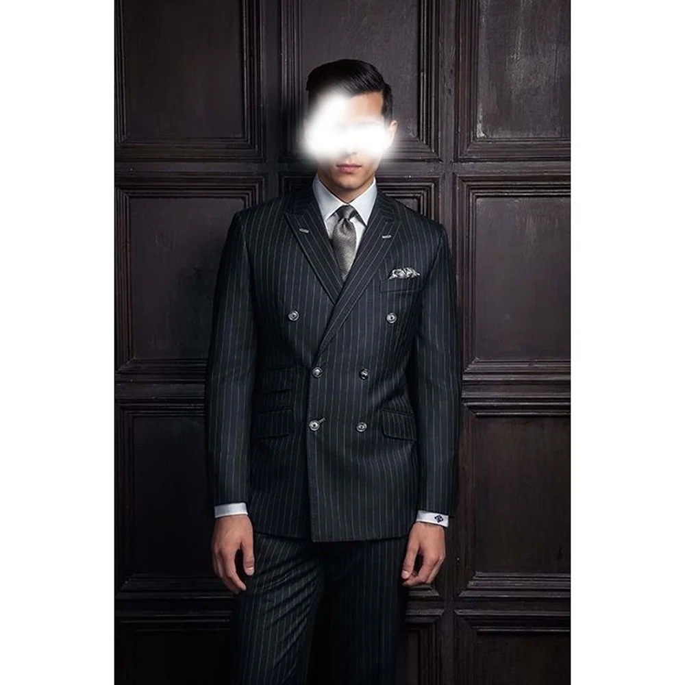 

Black Stripe Peaked Lapel Double Breasted Men Suits Wedding Formal Party Fashion Man Sets Banquet Sets 2 Pieces (Jacket+Pants)